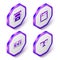 Set Isometric Piano, Guitar amplifier, Music synthesizer and Bongo drum icon. Purple hexagon button. Vector