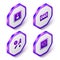 Set Isometric Play Video, VHS video cassette tape, Thriller movie and Rating icon. Purple hexagon button. Vector