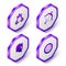 Set Isometric Princess or queen, Medieval bow and arrow, helmet and Round wooden shield icon. Purple hexagon button