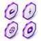 Set Isometric Racing helmet, Car spark plug, Alloy wheel for car and icon. Purple hexagon button. Vector