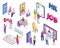 Set, isometric recruiting vector illustration. Management professional company, employer posts vacancies for employees