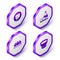 Set Isometric Rice in a bowl, Bottle of sake, Dumpling and Soy sauce icon. Purple hexagon button. Vector