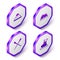 Set Isometric Rice in a bowl, Sushi, Food chopsticks and Roasted turkey or chicken icon. Purple hexagon button. Vector