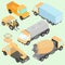 Set of isometric road construction machinery. Trucks, road roller, wheel loader, tank, lift machine. Front and back view.