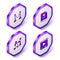 Set Isometric Rope barrier, Scenario, Romantic movie and Online play video icon. Purple hexagon button. Vector