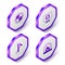 Set Isometric Round shield, Horseshoe, Metallic nails and Blacksmith oven icon. Purple hexagon button. Vector