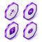 Set Isometric Satellite, Compass north, Fahrenheit and Eclipse of the sun icon. Purple hexagon button. Vector