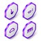 Set Isometric Saxophone, Trumpet, Tambourine and Music synthesizer icon. Purple hexagon button. Vector