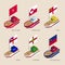 Set of isometric ships with flags of countries and territories