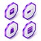Set Isometric Slow cooker, Frying pan, Grater and Gas stove icon. Purple hexagon button. Vector