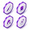 Set Isometric Soldering iron, Electric kettle, Magnet and Battery charge icon. Purple hexagon button. Vector