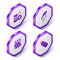 Set Isometric Spinning reel for fishing, Fishing lure, net pattern and Aqualung icon. Purple hexagon button. Vector