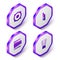 Set Isometric Stereo speaker, Keytar, Xylophone and Guitar neck icon. Purple hexagon button. Vector