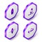 Set Isometric Surfboard, Windsurfing, Kayak and paddle and icon. Purple hexagon button. Vector