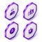 Set Isometric Teacher, Identification badge, Exam sheet with A plus grade and Stopwatch icon. Purple hexagon button