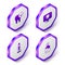 Set Isometric Tooth, Dental clinic location, Tube of toothpaste and Mouthwash icon. Purple hexagon button. Vector