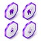 Set Isometric Tooth whitening, Mouthwash and Syringe icon. Purple hexagon button. Vector