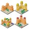 Set of isometric tourist attractions with fortress wall, towers, buildings and people