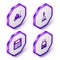 Set Isometric Trolley suitcase, Arrow for switching the railway, Train station board and and icon. Purple hexagon button