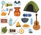Set of items for camping. A collection of cartoon objects for travel. Vector illustration for outdoor activities