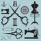 Set of items and equipment to topics tailor, clothing, repair