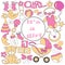 set items for newborn girl. pajamas, stroller, diaper, rattle, milk bottle, doodle. for congratulations on the birth of child