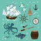 Set of items related to the sea. Marine collection with ship, octopus, compass and seagulls.