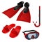 A set of items for swimming, red. Mask, breathing tube, flippers and rubber slippers