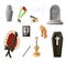 Set of items used at the funeral. Items that are associated with gunpowder. Coffin, flowers, gravestone, pigeon and others