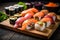 set japan rice meal japanese sushi roll seafood fish food. Generative AI.