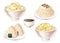 A set of Japanese dishes. Watercolor illustration. Onigiri, rice, pickled daikon, fermented cabbage, soy sauce. Clip art