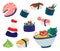 Set of Japanese Food. Sushi, Roll, Fish, Sashimi and Noodle, seafood with rice, soy sauce, wasabi. Asian foods vector illustration