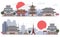 Set of Japanese landscape banners cartoon sketch vector illustration isolated.