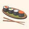 Set of Japanese nigiri sushi maki with chopsticks, leaves. Asian dish. Traditional food closeup with chopsticks, wooden tray.