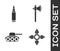 Set Japanese ninja shuriken, Bullet, Military tank and Medieval axe icon. Vector