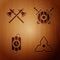 Set Japanese ninja shuriken, Crossed medieval axes, dynamite stick and timer clock and Wooden shield with crossed swords