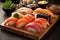 set japanese rice food roll seafood meal japan fish sushi. Generative AI.