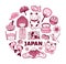 Set of japanese symbols in round shape. Japan travel concept for print, poster, postcard, card, t-shirt, banner. Vector