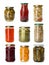 Set of jars with jams and pickled foods on white background