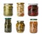 Set of jars with pickled foods on white background