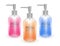 Set of jars of shampoo or liquid soaps of pink orange and blue colors, realistic shampoo bottles isolated on white background,