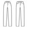 Set of Jeans botton fly tapered Denim pants technical fashion illustration with full length, normal low waist, high rise