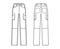Set of Jeans cargo Denim pants technical fashion illustration with low waist, rise, pockets, belt loops, full lengths
