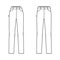 Set of Jeans carpenter Denim pants technical fashion illustration with full length, normal low waist, high rise, Rivets