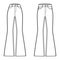 Set of Jeans flared bottom Denim pants technical fashion illustration with full length, normal low waist, rise, 5 pocket