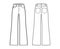 Set of Jeans wide leg Denim pants technical fashion illustration with full length, low waist, rise, 5 pockets, Rivets