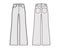 Set of Jeans wide leg Denim pants technical fashion illustration with full length, low waist, rise, 5 pockets, Rivets