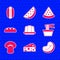 Set Jelly cake, Cheese, Steak meat, Asian noodles in bowl, Mushroom, Bread loaf, Watermelon and Hotdog icon. Vector