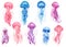 Set of jellyfish. Blue, violet, pink jellyfish on a white background. Watercolor illustration