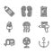 Set Jellyfish, Electric fan, Anchor, Water gun, Rv Camping trailer, Ice cream, Soda can and Bottle of water icon. Vector